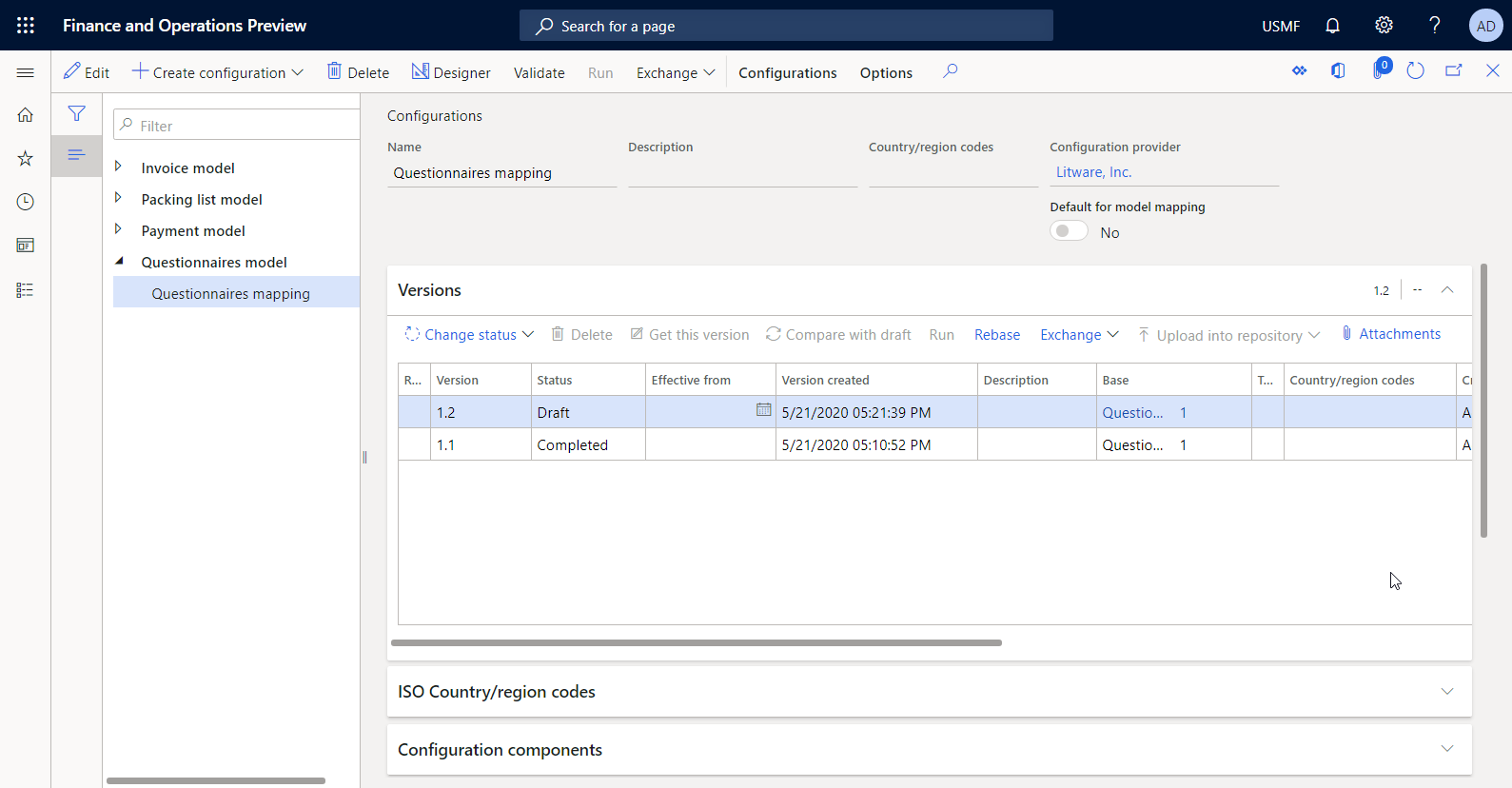 Versions of the editable ER configuration on the Configurations page.