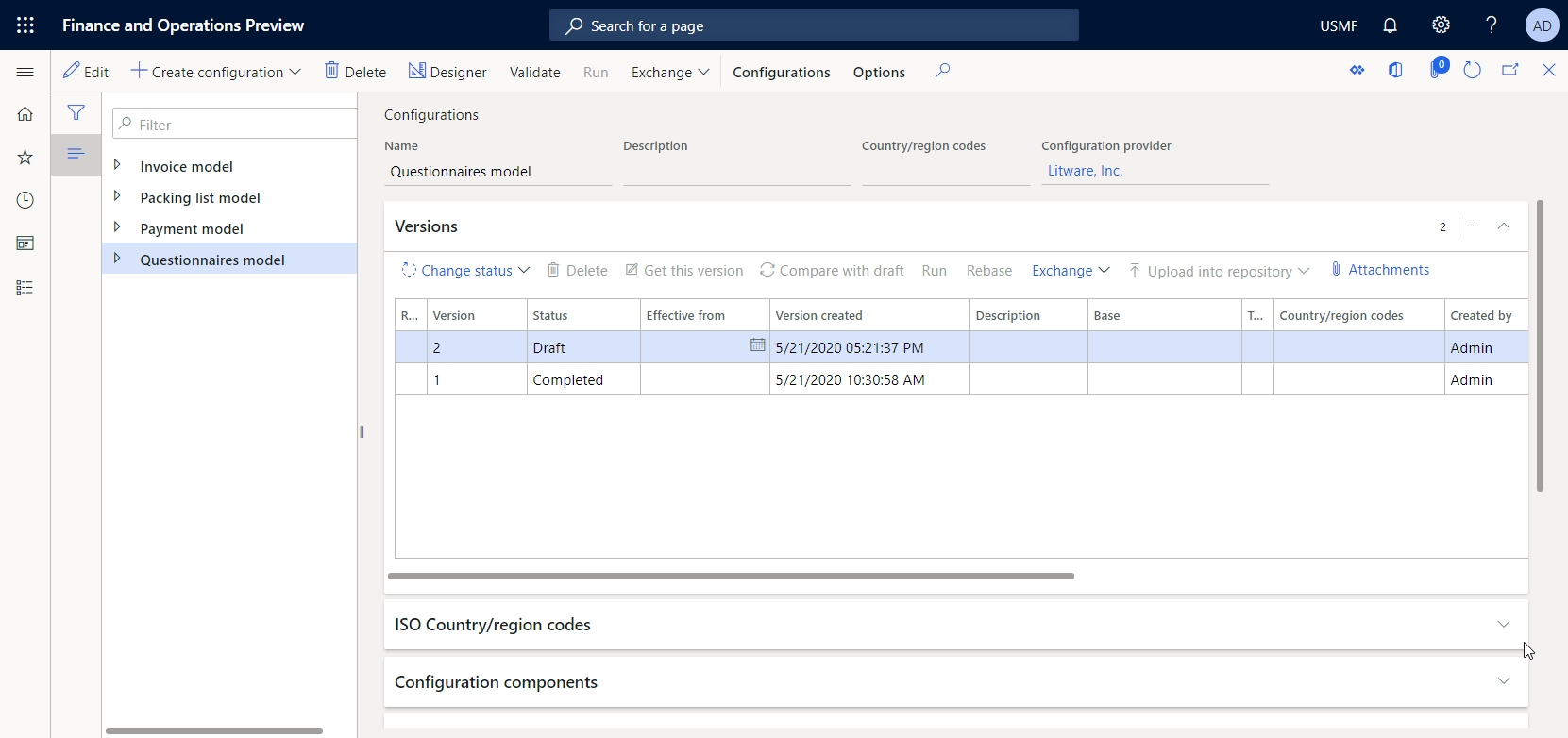 Versions of the editable configuration on the Configurations page.