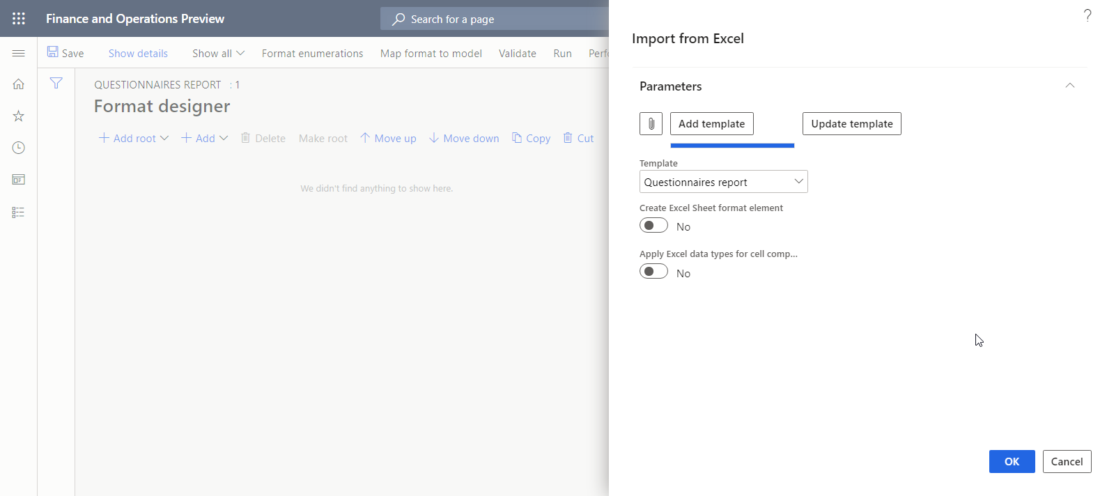Importing a report template.