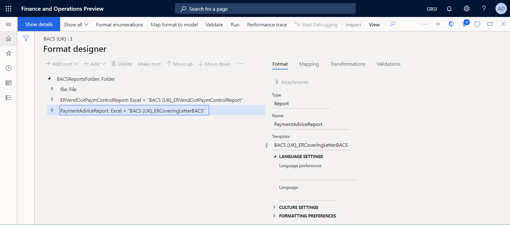 PaymentAdviceReport format element in the ER Operations designer.