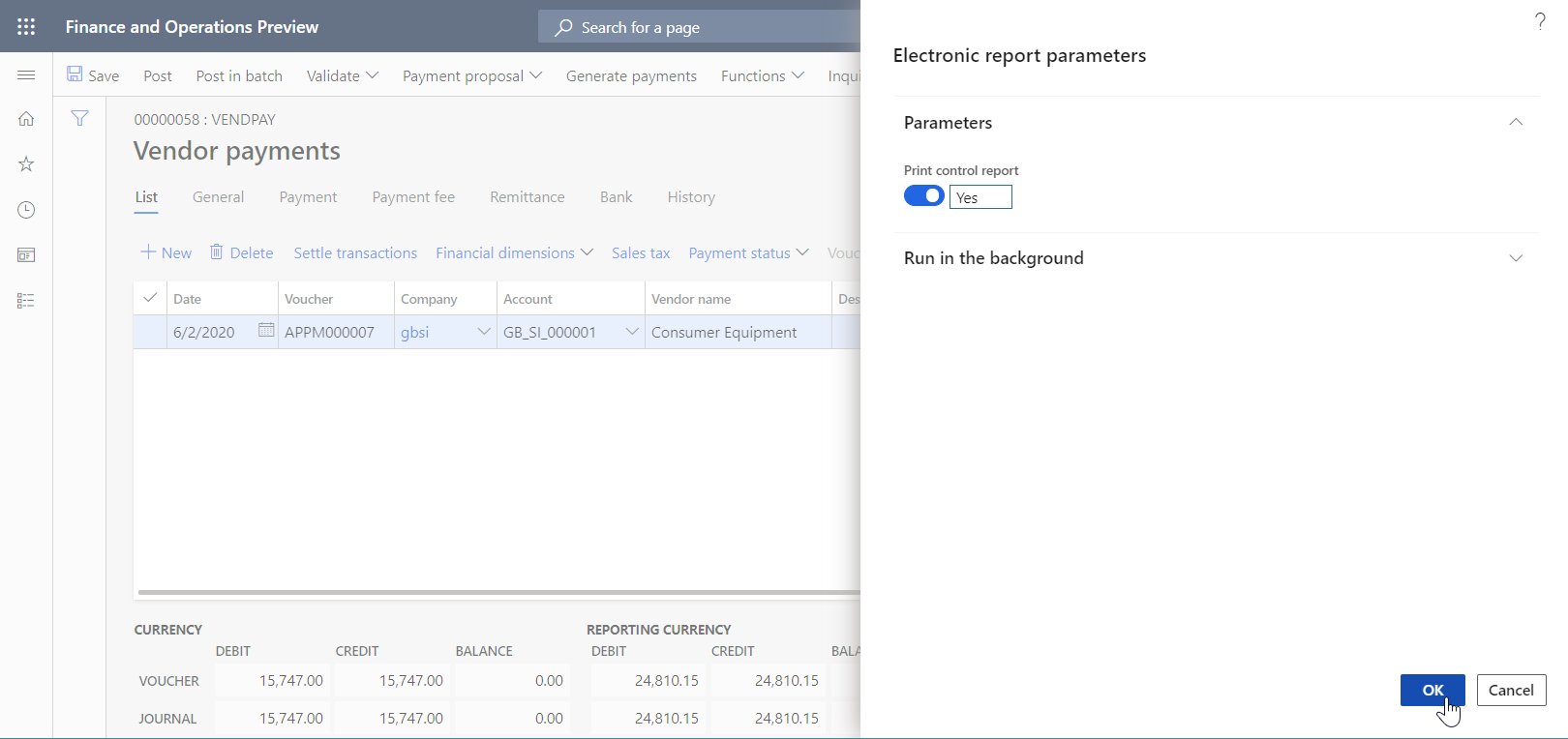 Electronic report parameters dialog page.