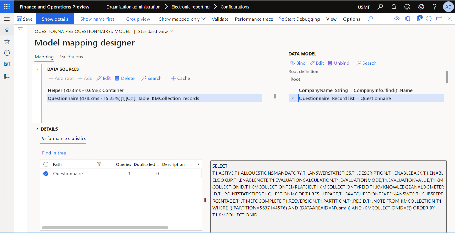 Reviewing the details of the database query on the Model mapping designer page.
