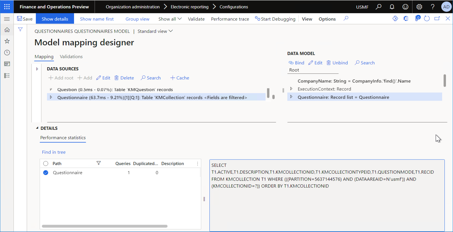 Reviewing the details of the database query for the updated model mapping on the Model mapping designer page.