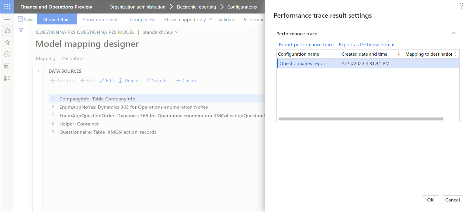 Selecting the trace in the Performance trace result settings dialog box.