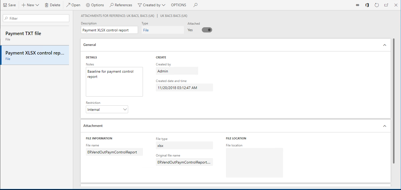 Screenshot of the Configurations page with the Payment XLSX control report selected.