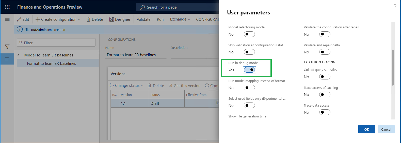 User parameters dialog box.