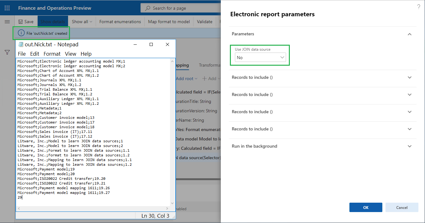 Electronic report parameters generated file not using JOIN data source.