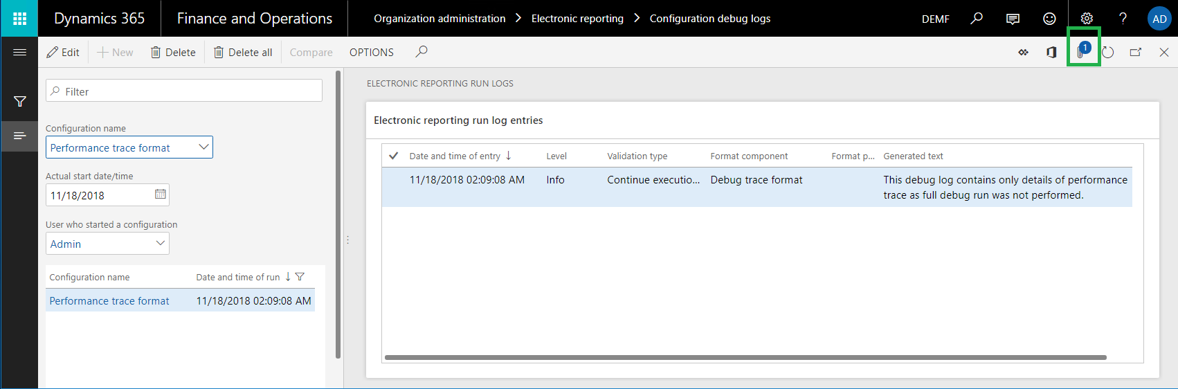 Attachments button on the Electronic reporting run logs page.
