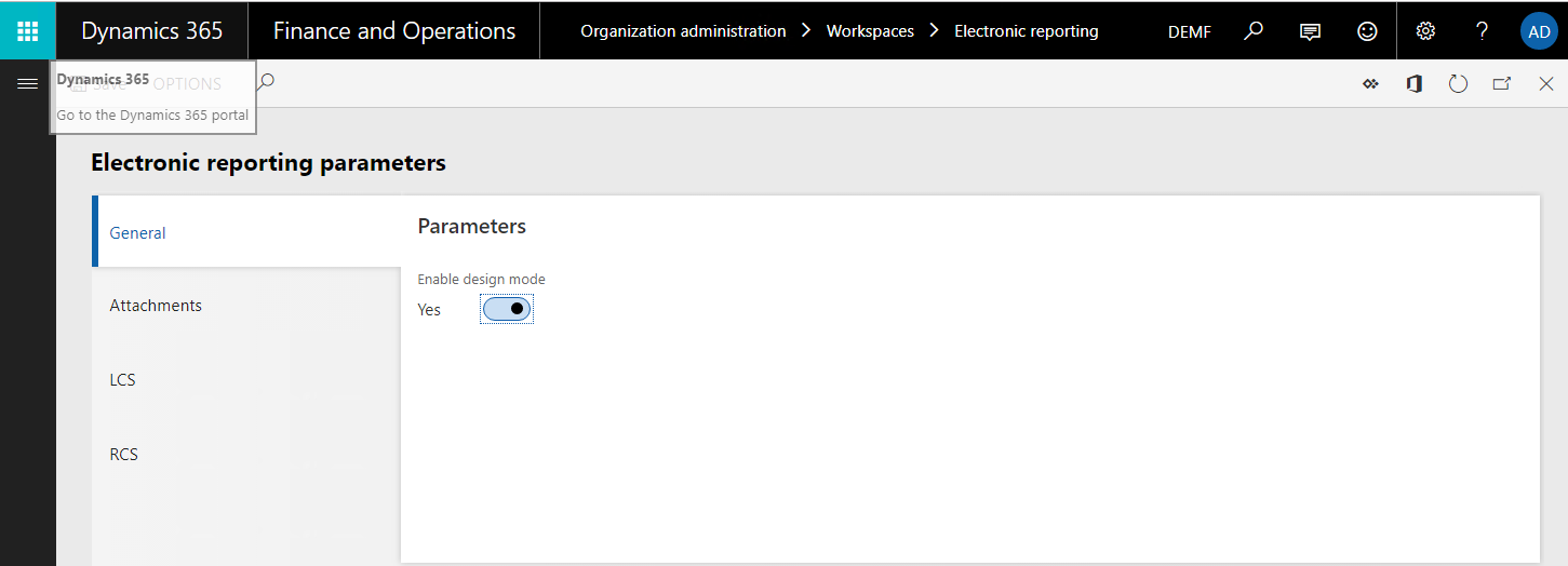 Enable design mode option on the Electronic reporting parameters page.