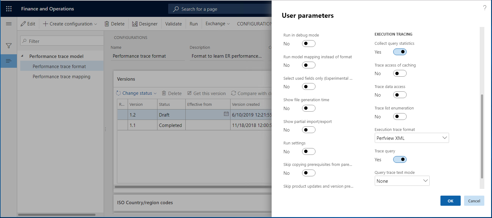 Execution tracing section, User parameters dialog box.