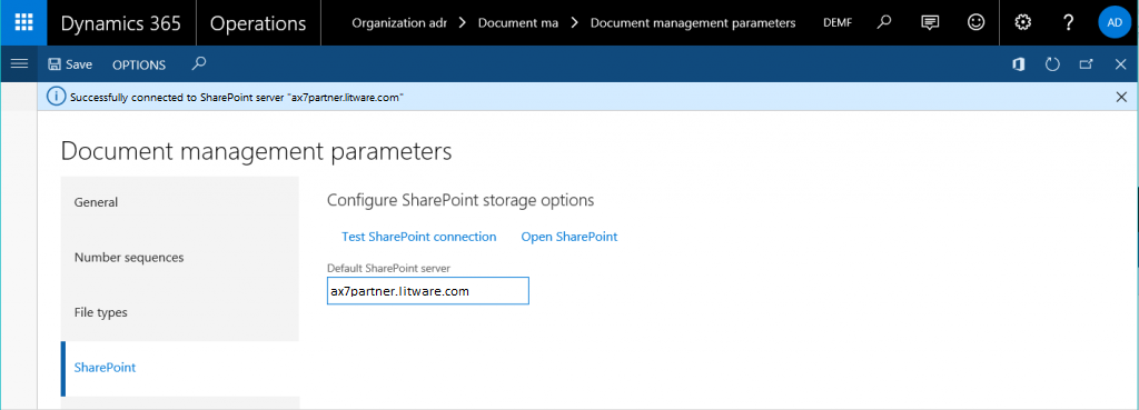 Document management parameters page.