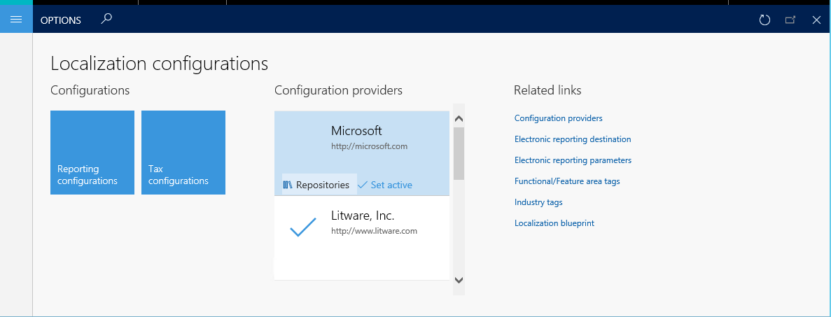 Microsoft tile on the Localization configurations page.