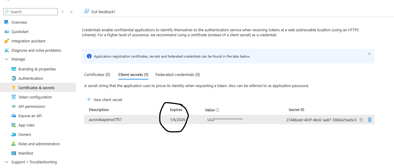 Business Event Endpoint configuration page showing the Secret Expiry Date field for managing application secrets.