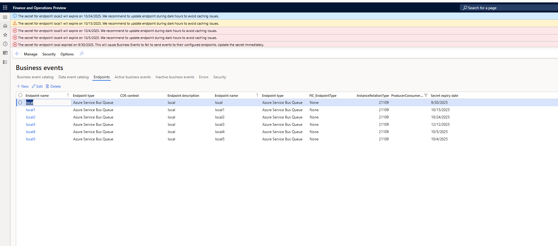 Banner alert on the Business Event configuration page displaying a notification about upcoming secret expiration.