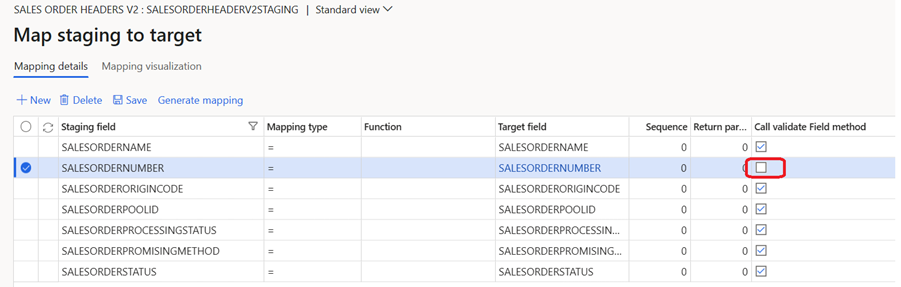 Map staging to target page, where the Call validate Field method checkbox for the SALESORDERNUMBER autonumber field is cleared.