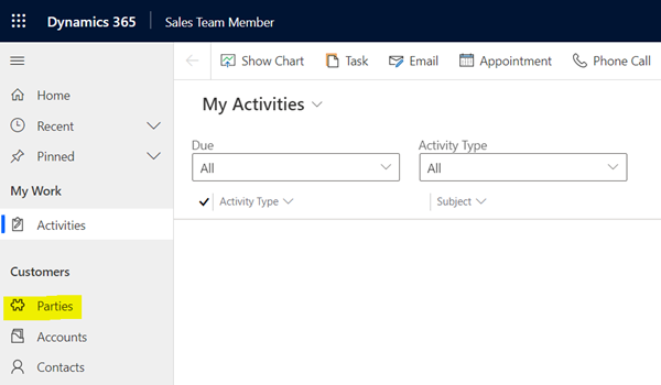 Party entity available in the Sales Team Member app.