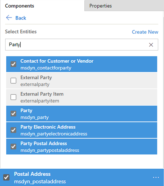 Selecting additional entities on the Components tab in App Designer.