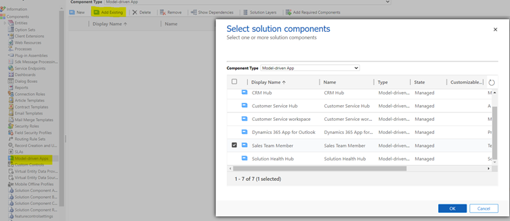 Sales Team Member app selected in the Select Solution Components dialog box.