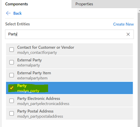 Party (msdyn_party) entity selected on the Components tab in App Designer.