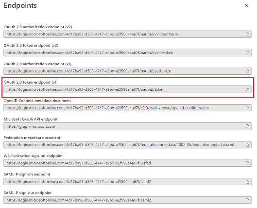 OAuth 2.0 token endpoint in the list of endpoints in the Azure portal.