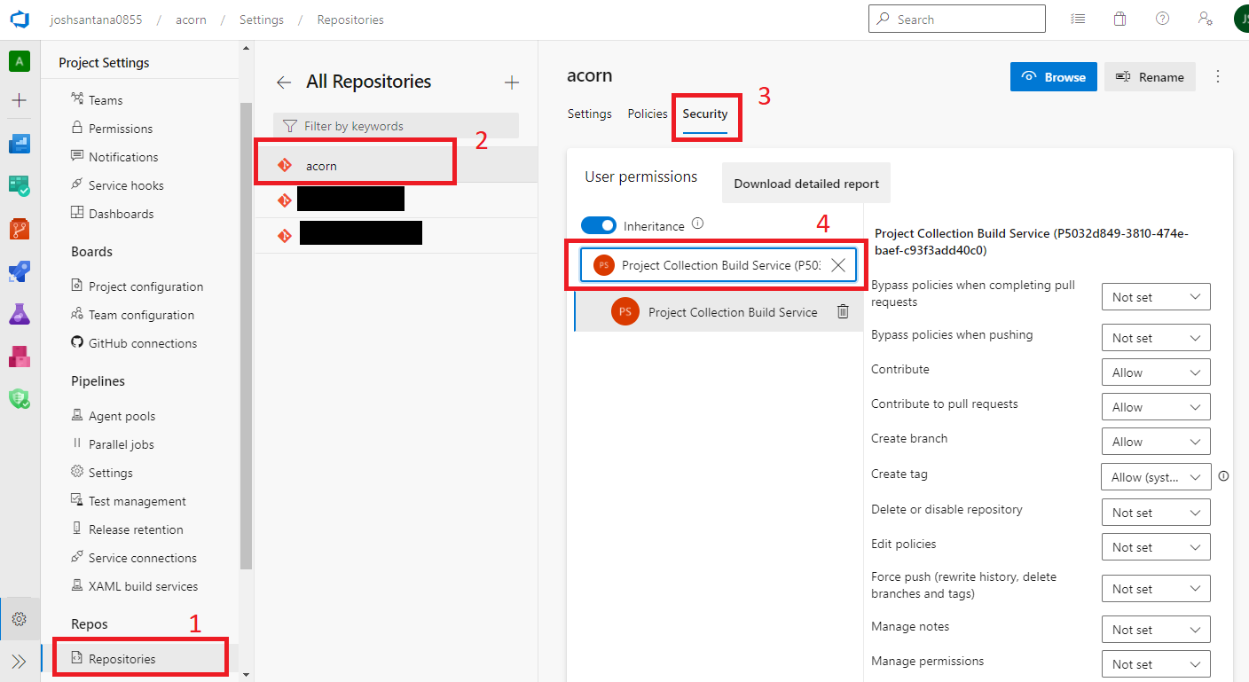 Repository security permissions page in Azure DevOps.