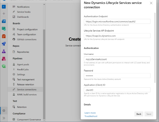 New Dynamics Lifecycle Services service connection dialog box.