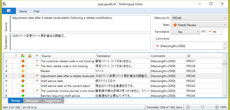 XLIFF file in the Multilingual Editor.