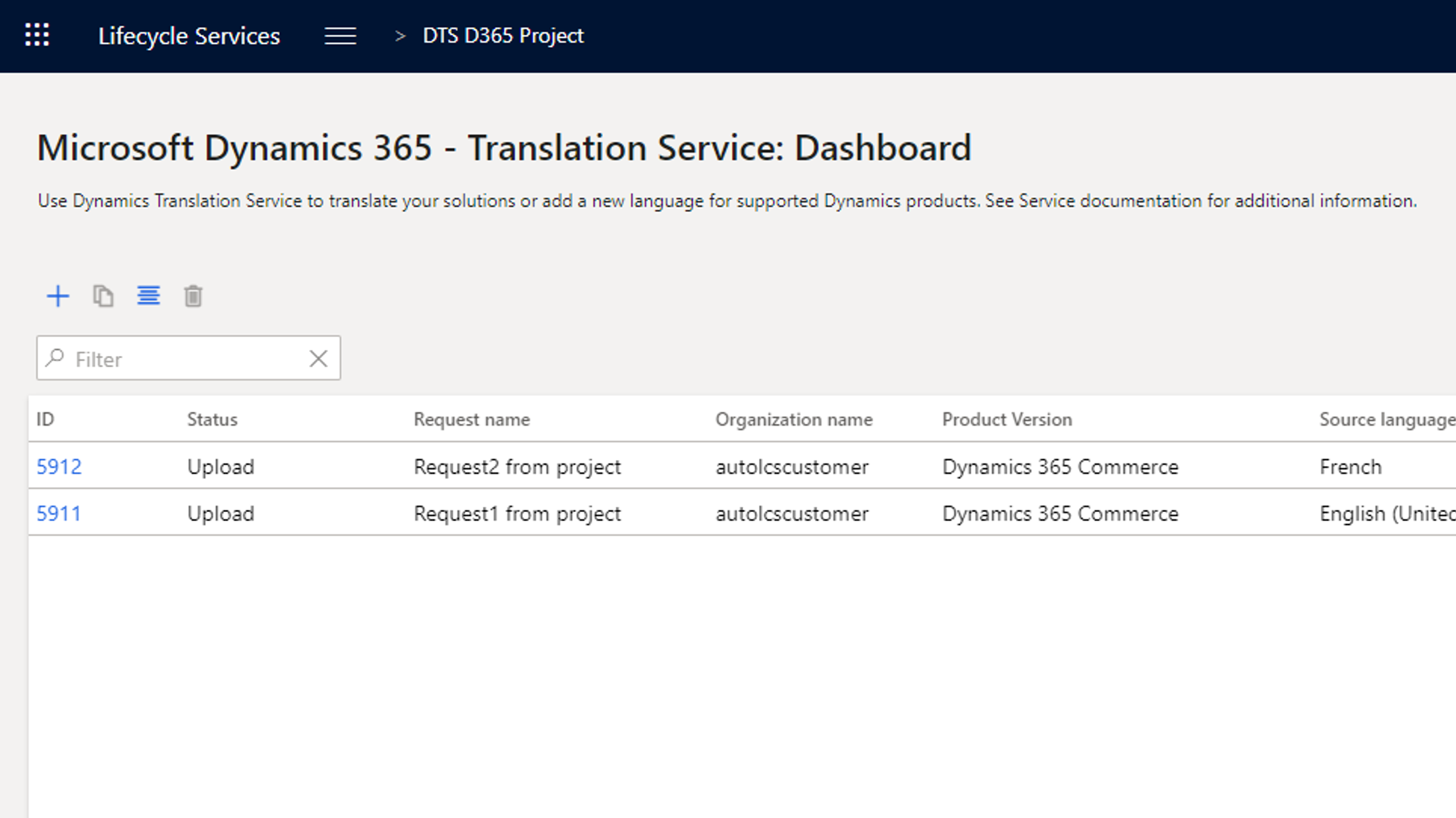 DTS dashboard that is opened from within a project.