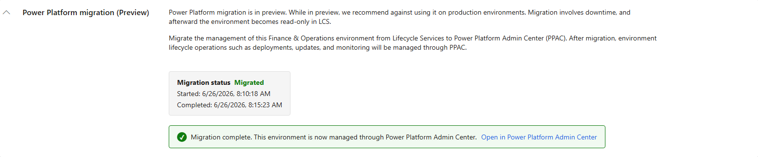 Screenshot of the Power Platform migration section in Lifecycle Services after migration, showing a Migrated status and a link to open the environment in Power Platform admin center.
