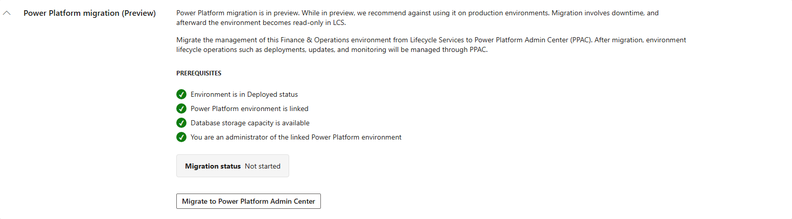 Screenshot of the Power Platform migration section in Lifecycle Services, showing the four completed prerequisite checks and a Not started migration status.