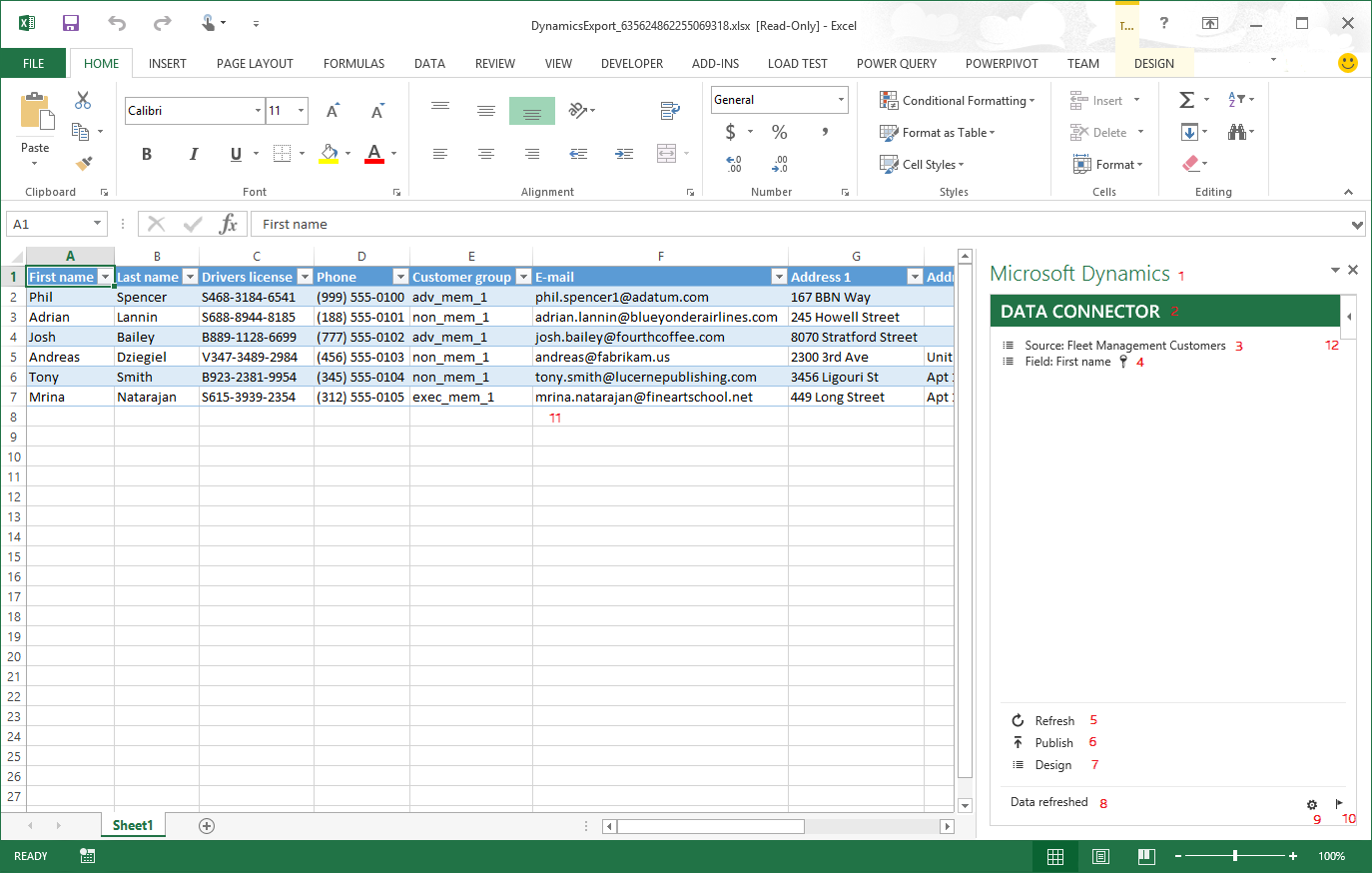 Screen shot showing location of Excel Data Connector app with numbered elements corresponding to table.