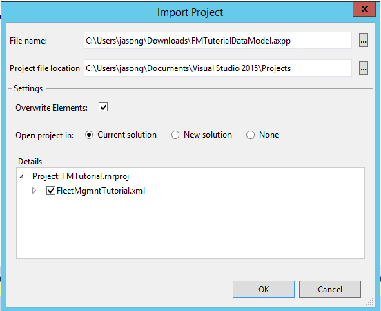 Completed Import Project dialog box.