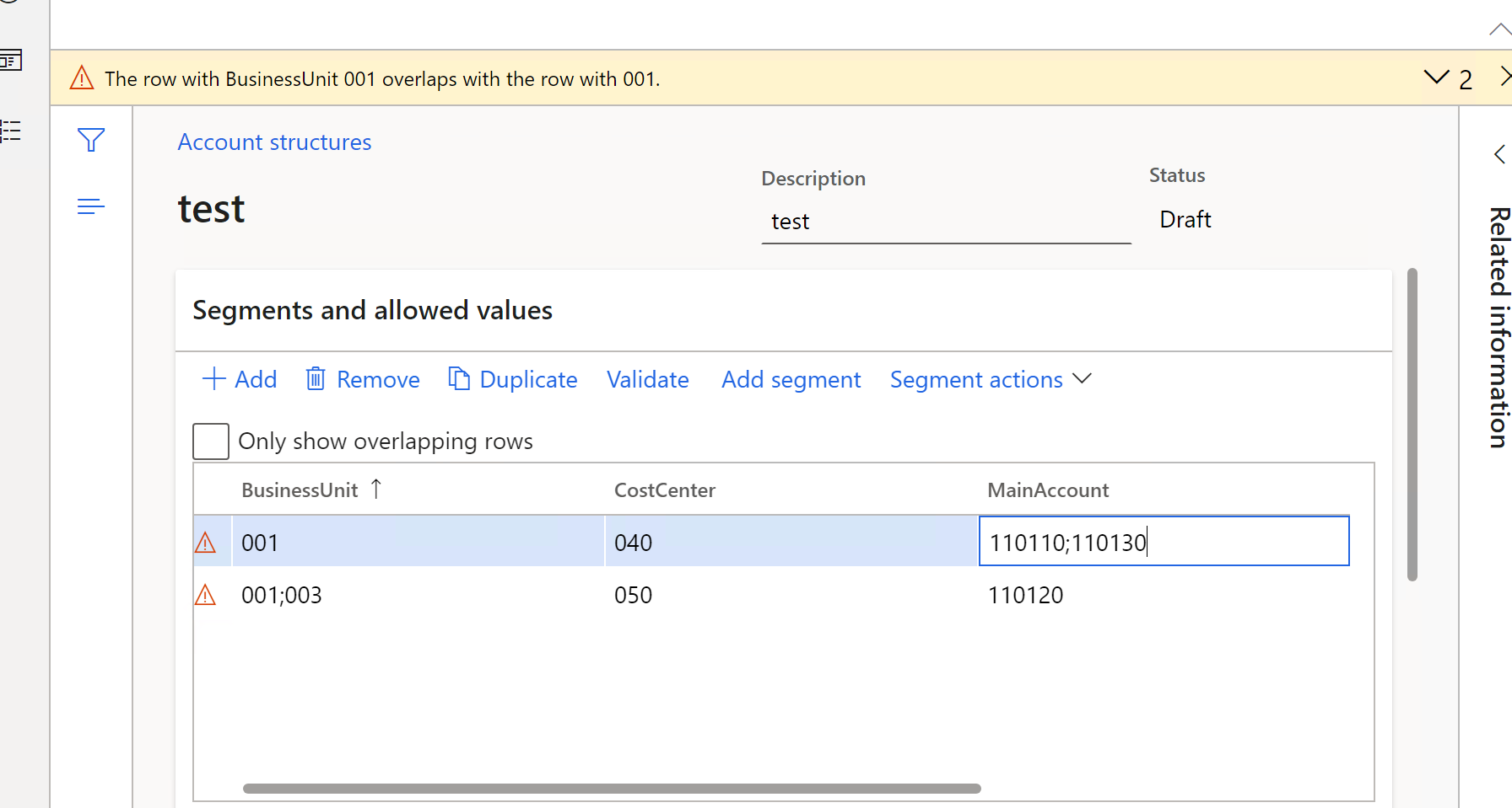 Screenshot of overlapping criteria within a single account structure.
