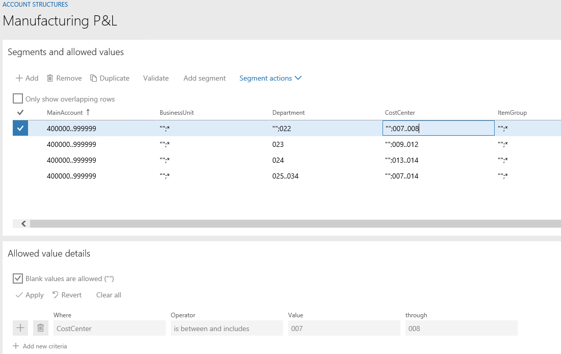 Account config. D365 main account Types.