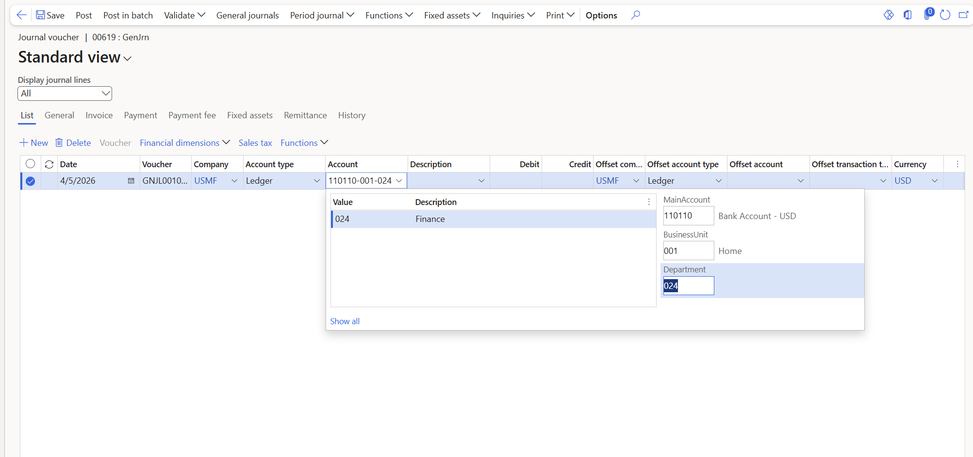 Enter account and dimension combinations (segmented entry control ...
