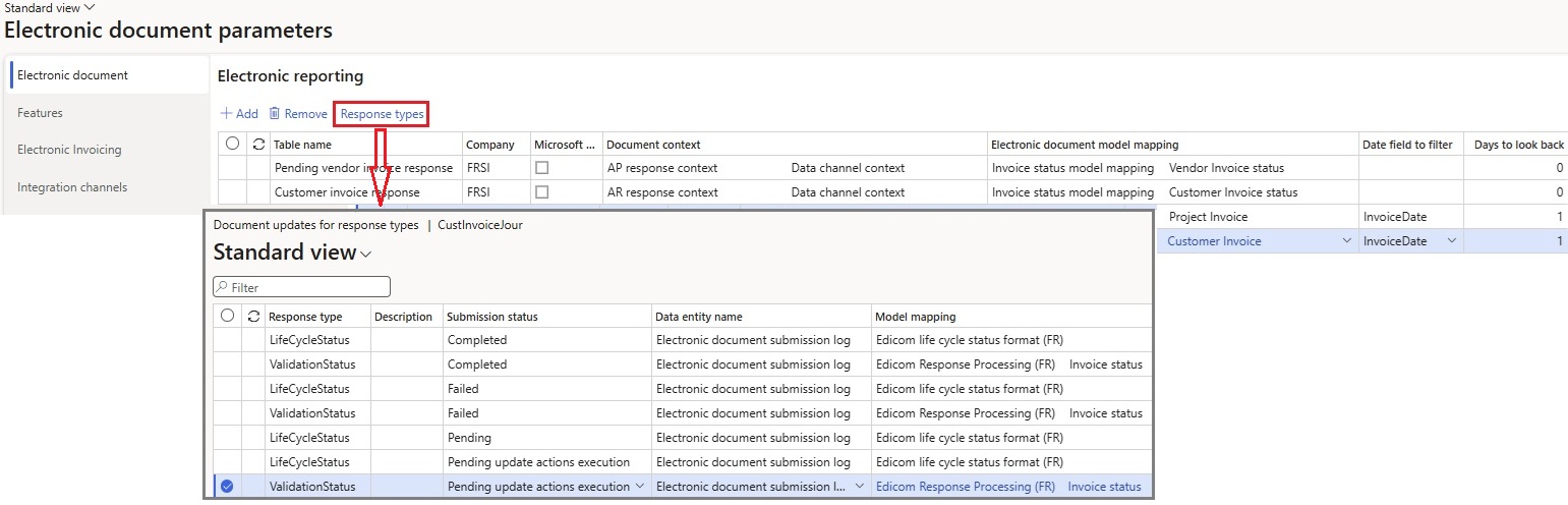 Screenshot of the setup on the Electronic document tab of the Electronic document parameters page.