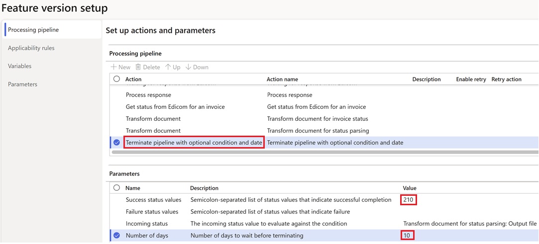 Screenshot of termination parameters configuration.