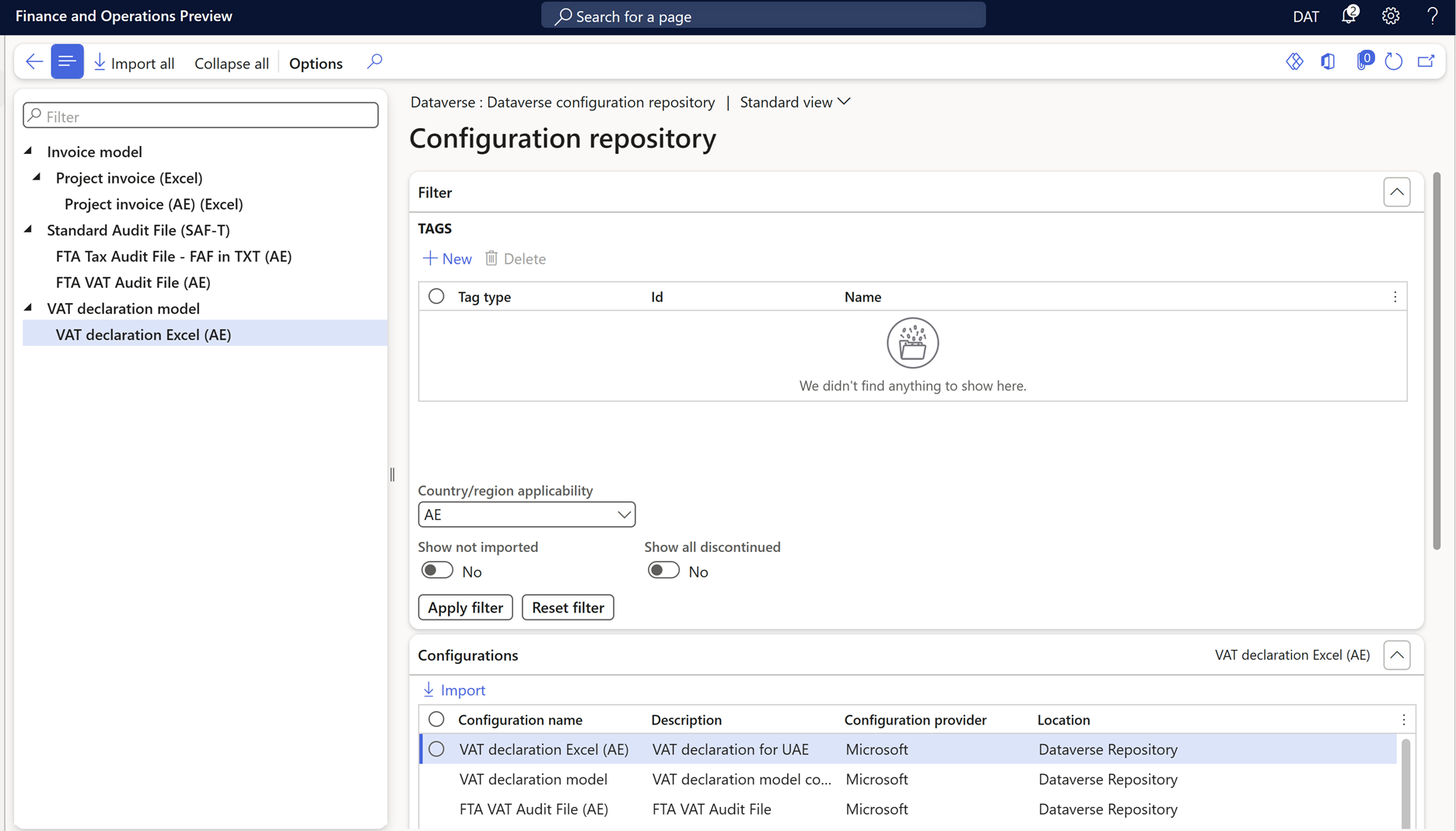 Screenshot of the Configuration repository page, where a Country/region applicability filter is applied.