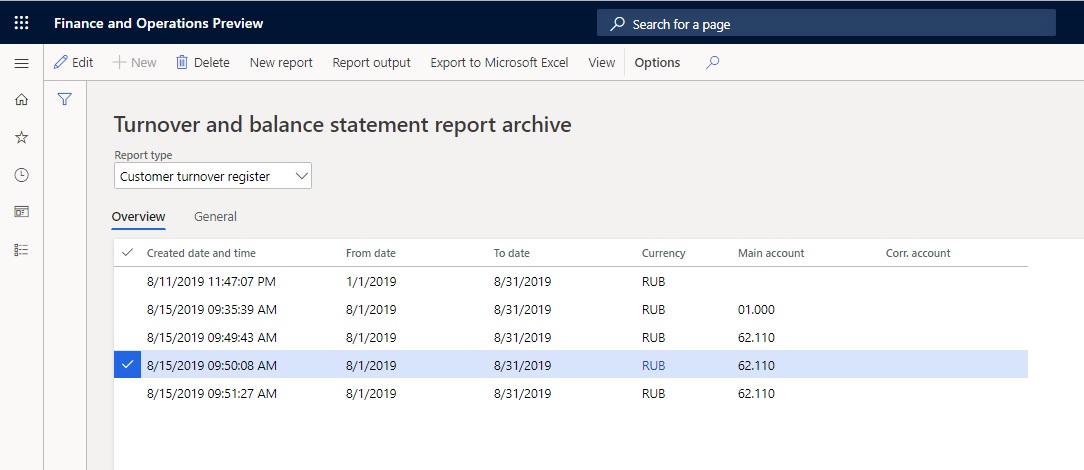 Turnover balance statement report archive page.