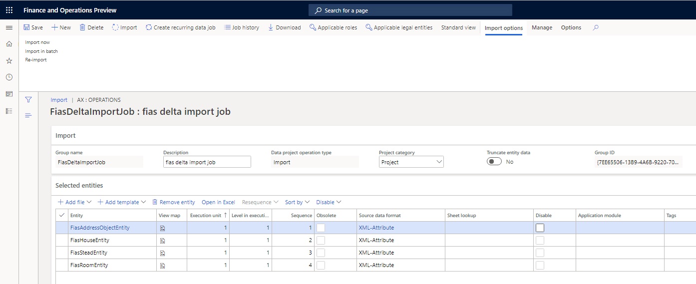 Import page wtih fias delta import job details.