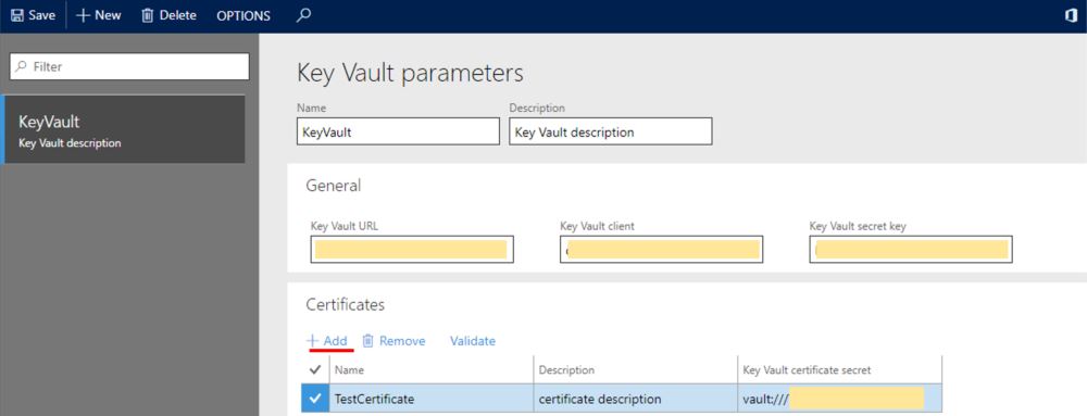 Key vault parameters page.