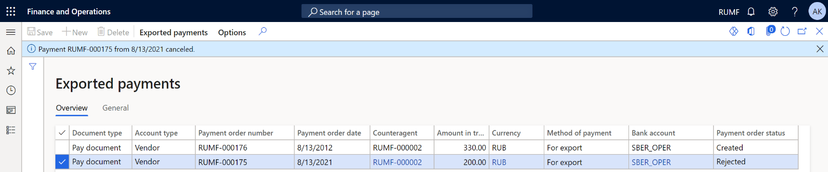 Exported payments on the Overview tab of the Exported payments page.
