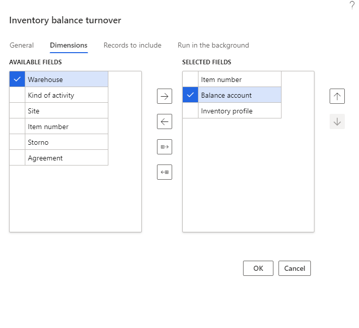 Inventory balance turnover report, Dimensions tab.