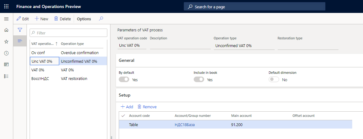 Parameters of VAT process page.