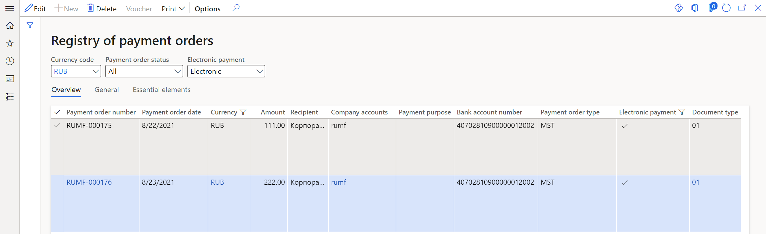 Payment documents on the Overview tab of the Registry of payment orders page.