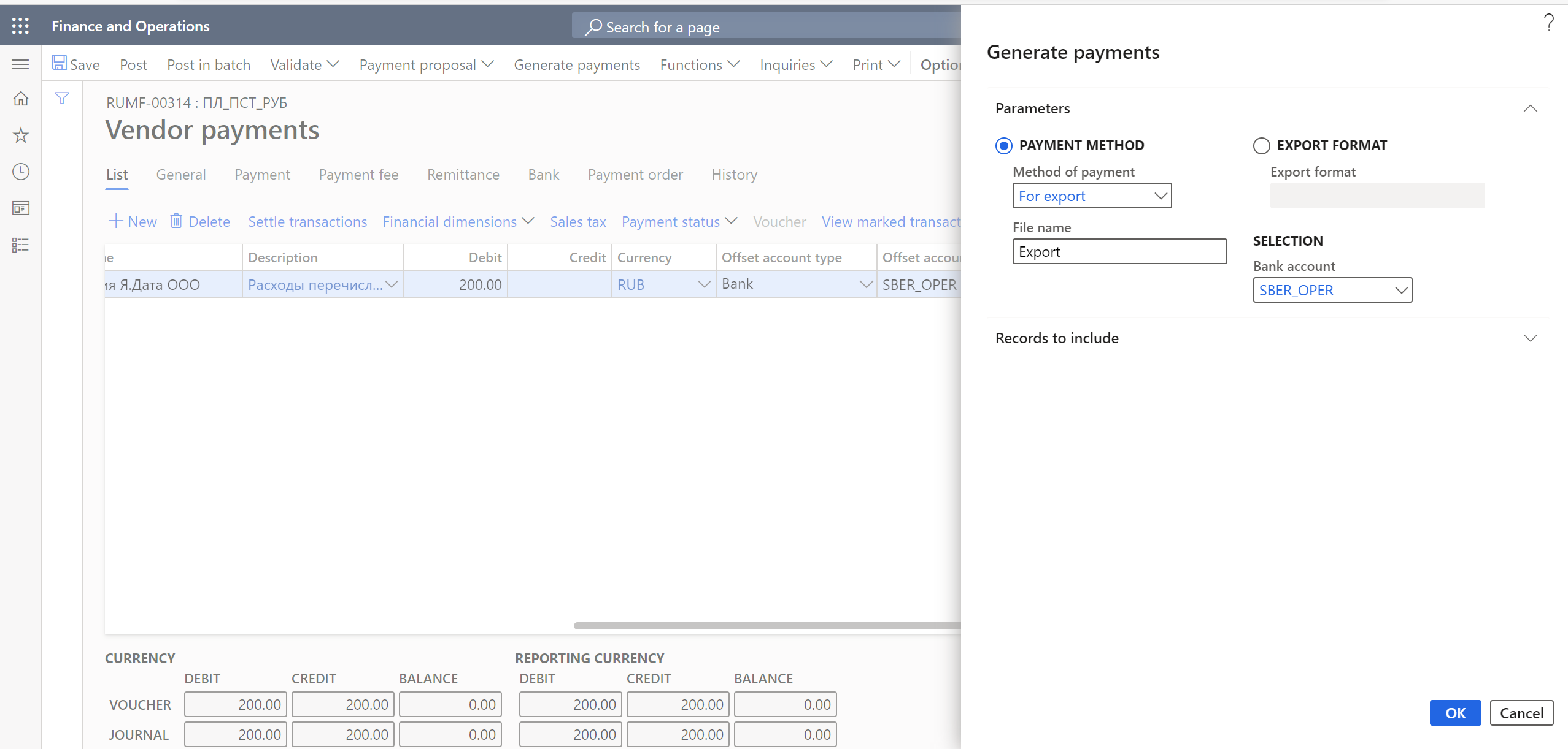 Settings in the Generate payments dialog box.