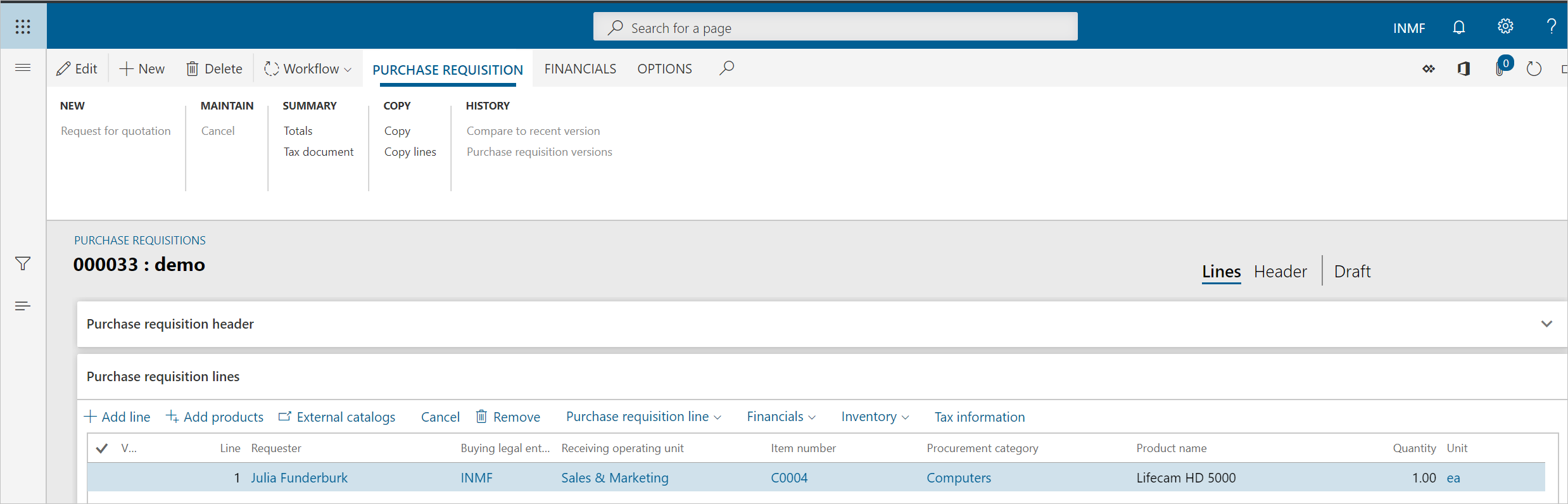 Purchase requisitions page.