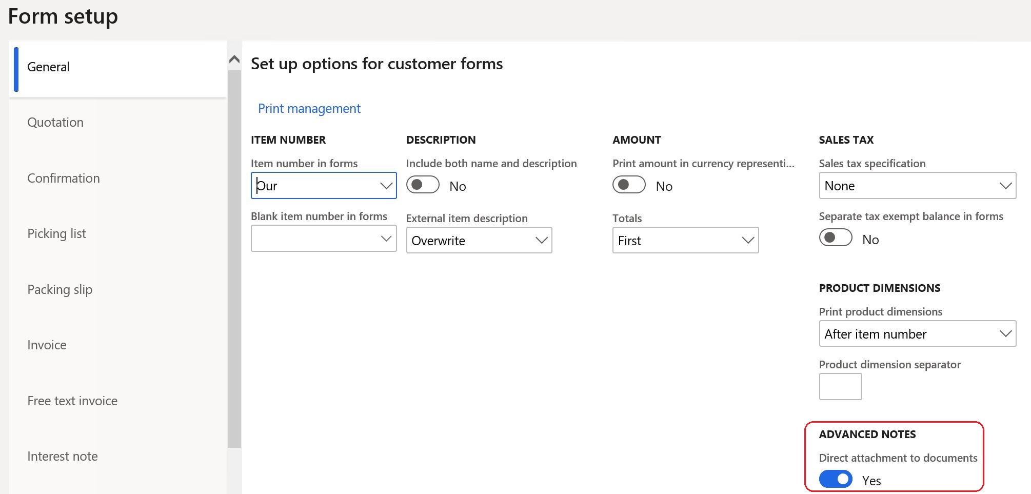 Forms setup page, highlight of Direct attachment to documents parameter.