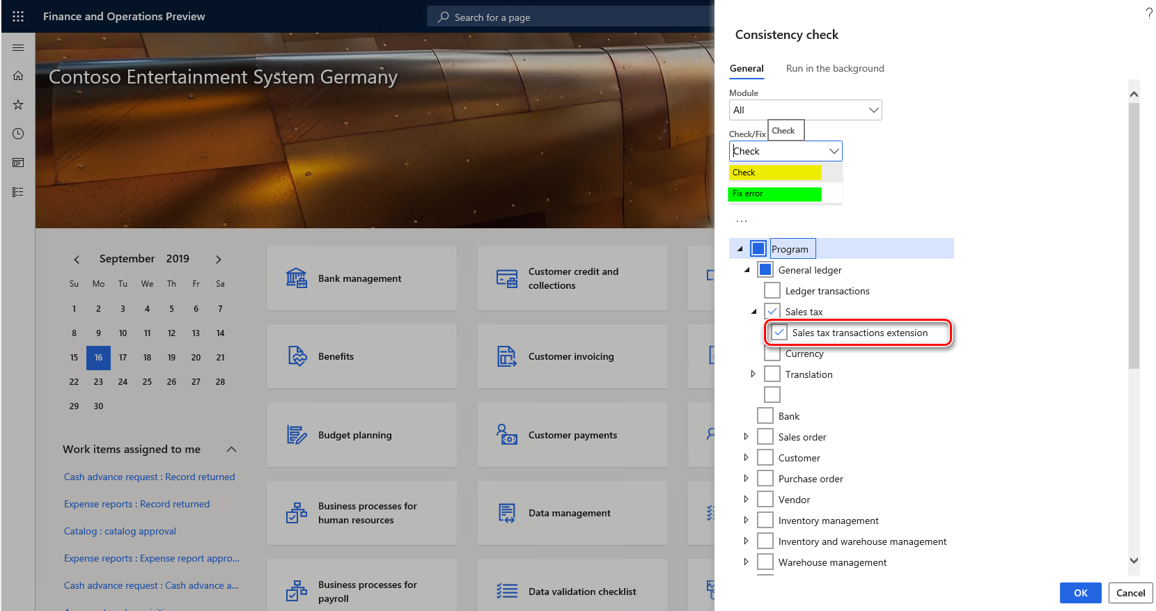  Consistency check dialog box with Sales tax transactions extension check box highlighted.