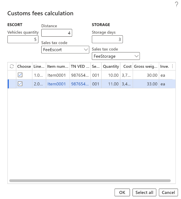 Customs fee calculation dialog box.